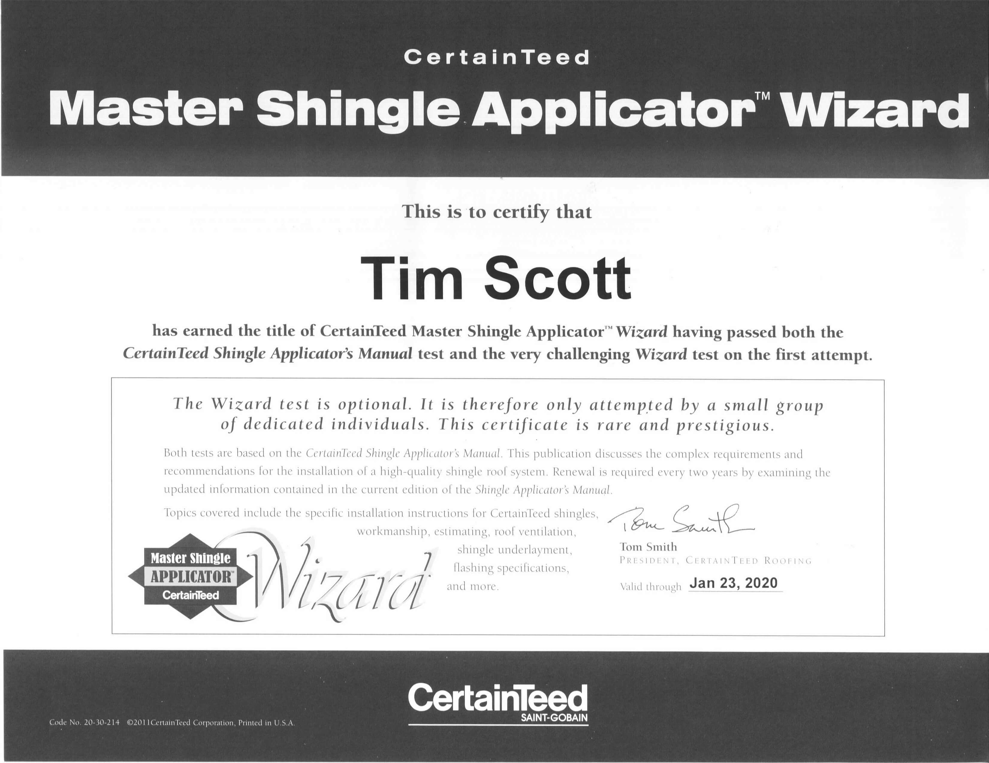 CertainTeed Master Shingle Applicator Wizard Certification